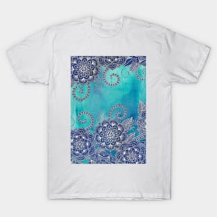 Mermaid's Garden - Navy & Teal Floral on Watercolor T-Shirt